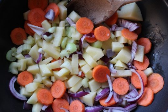 pan of chopped vegetables